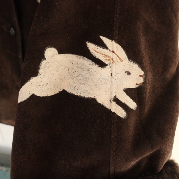 Hand Painted Vintage Suede Jacket With Faux Fur Inside Bunnies Rabbits M - Picture 10 of 15